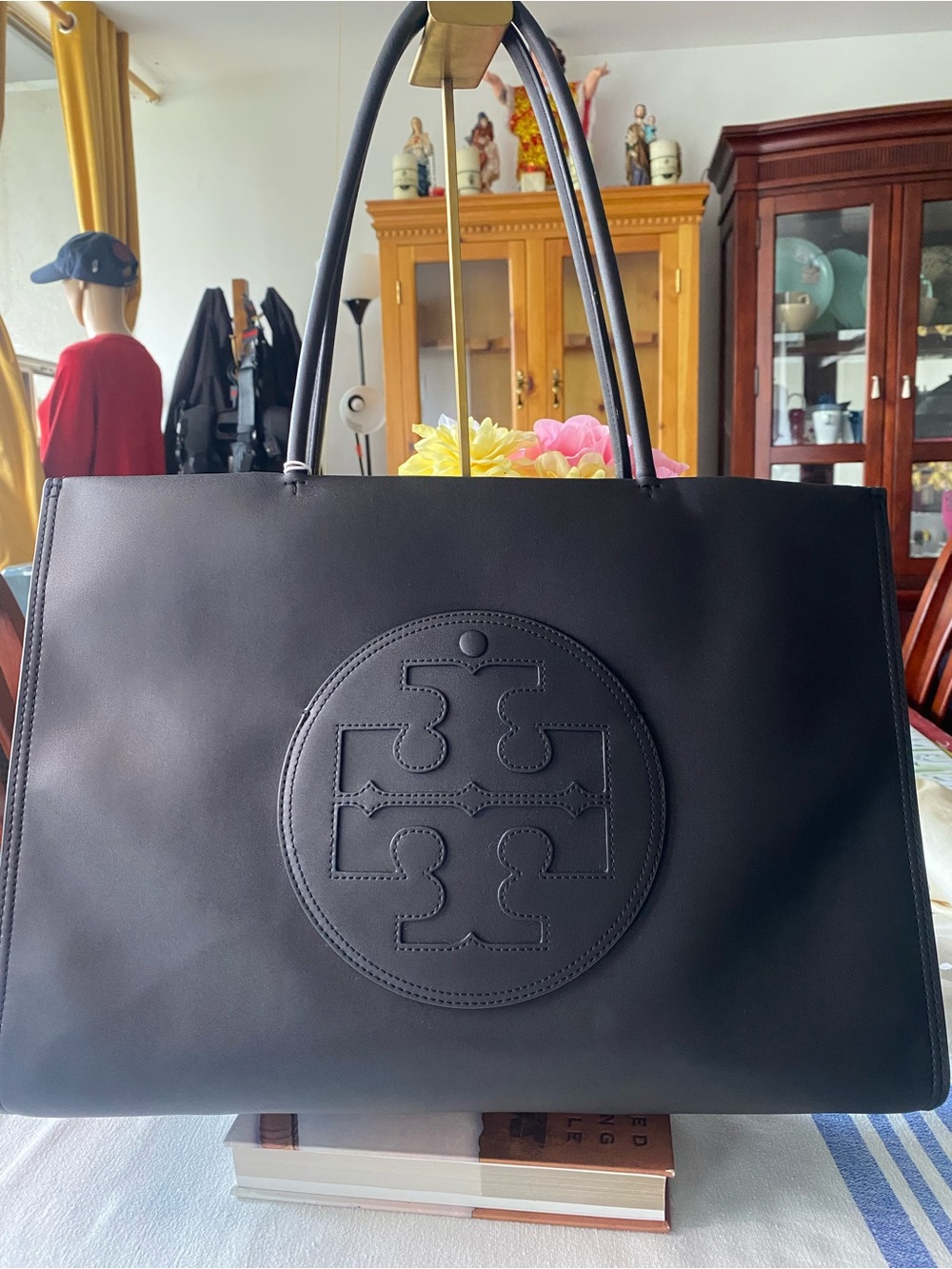 Tory Burch Black Leather Logo Tote with Top Handles